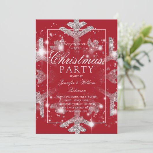 Silver Red Snowflake kerstfeest Kaart (Staand voorkant)