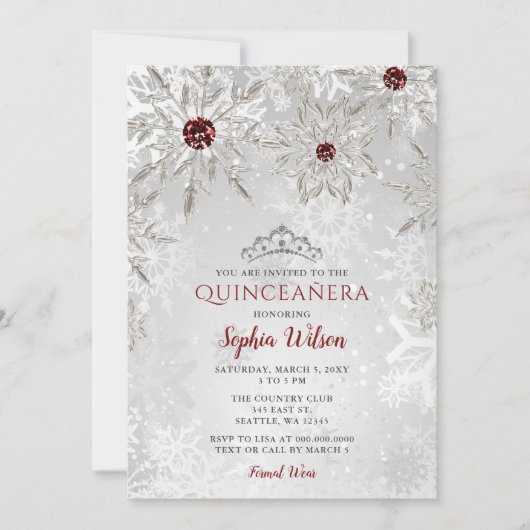 Silver Red Snowflakes Tiara Quinceañera Kaart (Voorkant)