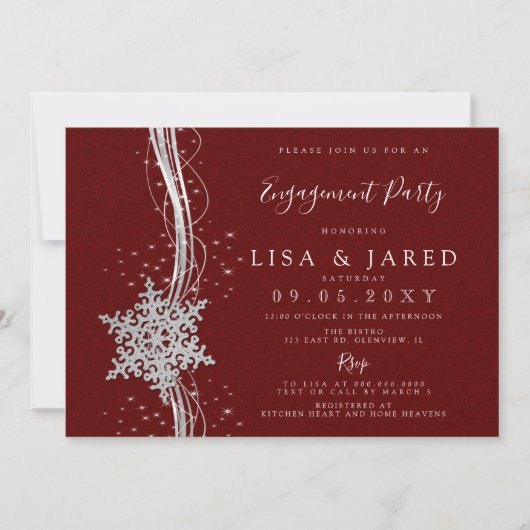 Silver Red Snowflakes Winter Engagement Party Kaart (Voorkant)