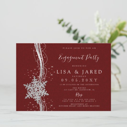 Silver Red Snowflakes Winter Engagement Party Kaart (Staand voorkant)