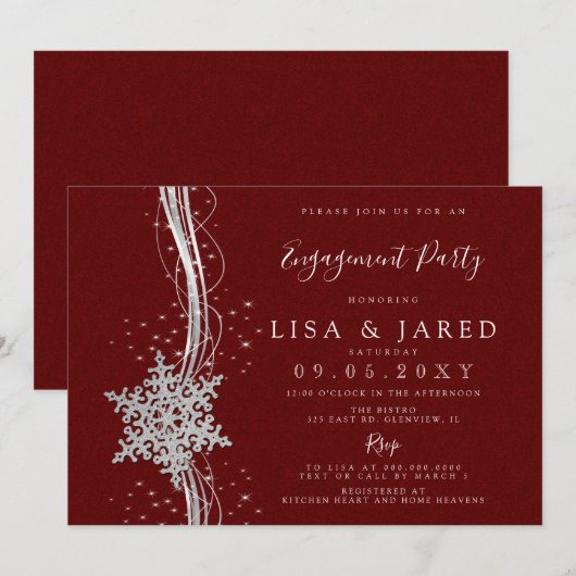 Silver Red Snowflakes Winter Engagement Party Kaart (Voorkant / Achterkant)