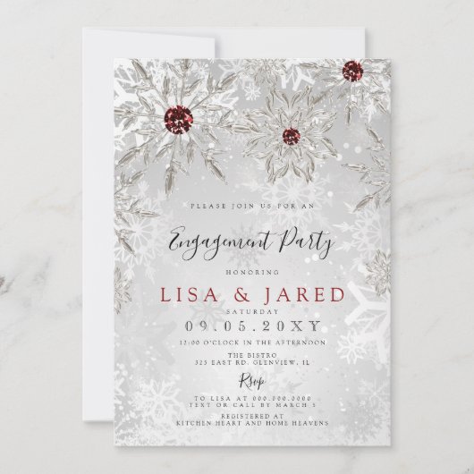 Silver Red Snowflakes Winter Engagement Party Kaart