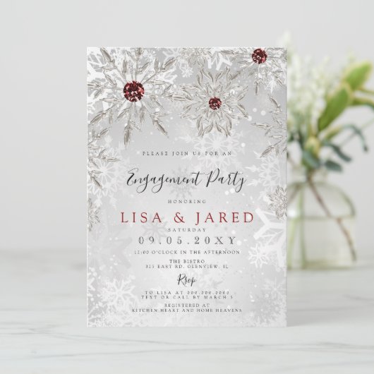 Silver Red Snowflakes Winter Engagement Party Kaart (Staand voorkant)