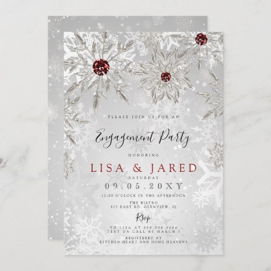 Silver Red Snowflakes Winter Engagement Party Kaart (Voorkant / Achterkant)