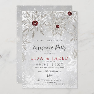 Silver Red Snowflakes Winter Engagement Party Kaart
