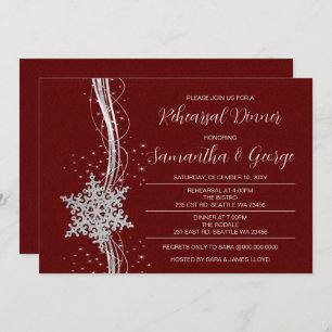 Silver Red Snowflakes Winter Rehearsal Dinner Kaart