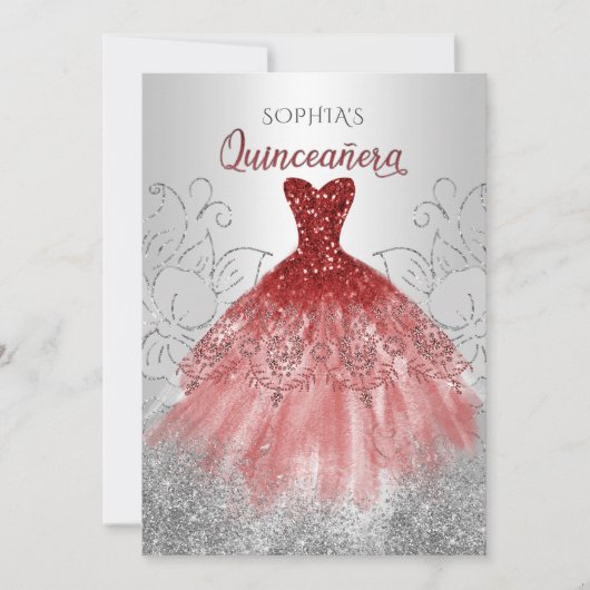 Silver Red Sparkle Dress Quinceañera Quince Kaart (Voorkant)