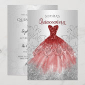 Silver Red Sparkle Dress Quinceañera Quince Kaart (Voorkant / Achterkant)