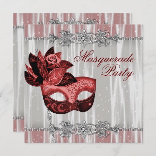 Silver Red Sparkles Red Masquerade Party Kaart (Voorkant / Achterkant)