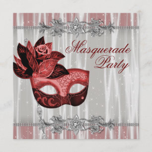 Silver Red Sparkles Red Masquerade Party Kaart