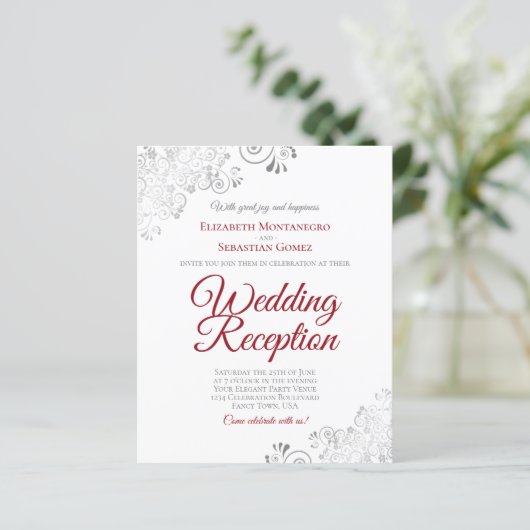 Silver Red & White Weduwen Reception BUDGET Invite (Staand voorkant)