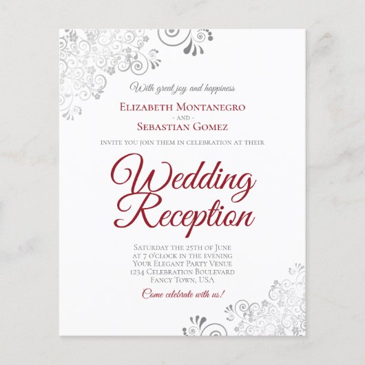 Silver Red & White Weduwen Reception BUDGET Invite (Voorkant)
