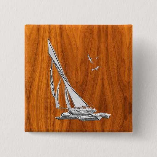 Silver Regatta Sailboot op Teak Veneer Vierkante Button 5,1 Cm (Voorkant)