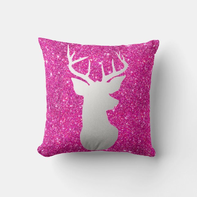 Silver Reindeer Antler Modern Pink Faux Glitter Kussen (Voorkant)