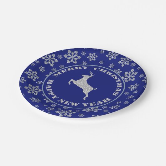 Silver Reindeer Blue Snowflake Papieren Bordje (Gekanteld)