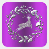 Silver Reindeer en Wreater Paarse Kerstmis Vierkante Sticker (Voorkant)
