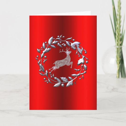 Silver Reindeer en Wreath Red Kerstmis Kaart (Voorkant)