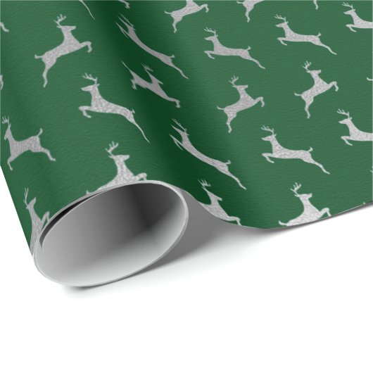 Silver Reindeer Green Holiday Wrapping Paper Cadeaupapier (Rol Hoek)