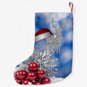 Silver Reindeer Santa Hat Blue Bokeh Kleine Kerstsok (Achterkant)