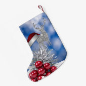 Silver Reindeer Santa Hat Blue Bokeh Kleine Kerstsok (Achterkant (Hangend))