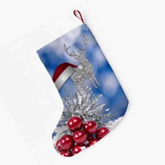 Silver Reindeer Santa Hat Blue Bokeh Kleine Kerstsok (Achterkant (Hangend))