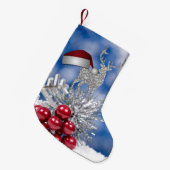 Silver Reindeer Santa Hat Blue Bokeh Kleine Kerstsok (Voorkant (Hangend))