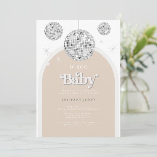 Silver Retro Disco BABY, Baby shower Invitation Kaart (Staand voorkant)