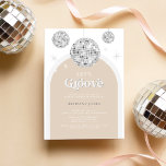 Silver Retro Disco Groovy Bridal Shower Kaart<br><div class="desc">Dit ontwerp meet 5 x 7 inch / 12, 7 x 17, 8 cm en is perfect voor uitnodigingen. Stap terug in de tijd met onze Retro Disco Ball Bridal Shower Invitations & Decor collectie. Dompel jezelf onder in de nostalgie van de jaren 70 met gedempte beige en grijze bogen,...</div>