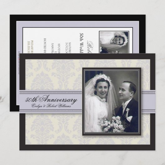 Silver Ribbon Damask Jubileum Party Invitation Kaart (Voorkant / Achterkant)