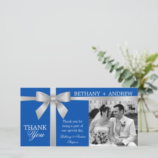 Silver Ribbon Royal Blue Wedding Bedankt (Staand voorkant)