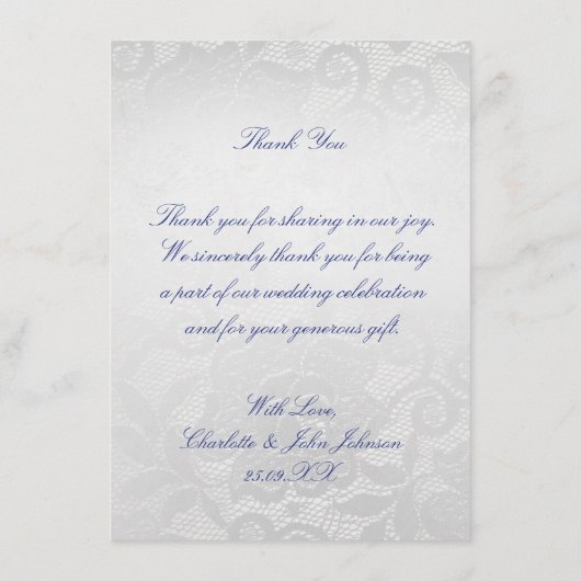 Silver Roos Blue Navy Lace Hartelijk dank Bedankkaart (Achterkant)