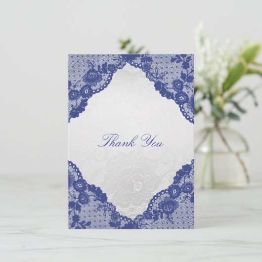 Silver Roos Blue Navy Lace Hartelijk dank Bedankkaart (Staand voorkant)