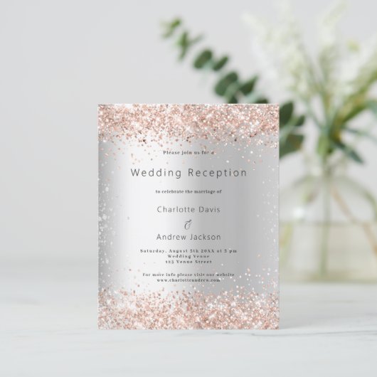 Silver roos budget bruiloft receptie uitnodiging (Staand voorkant)