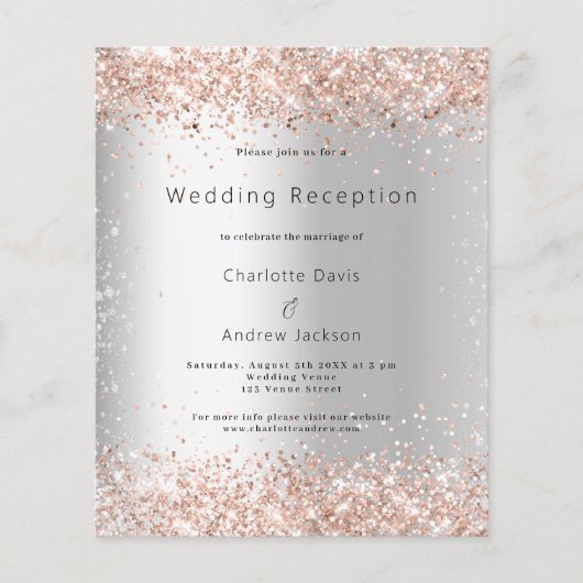 Silver roos budget bruiloft receptie uitnodiging (Voorkant)