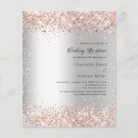 Silver roos budget bruiloft receptie uitnodiging (Voorkant)