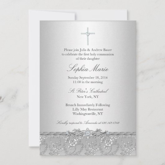 Silver Roos Cross Baptism/Christening Uitnodiging (Voorkant)