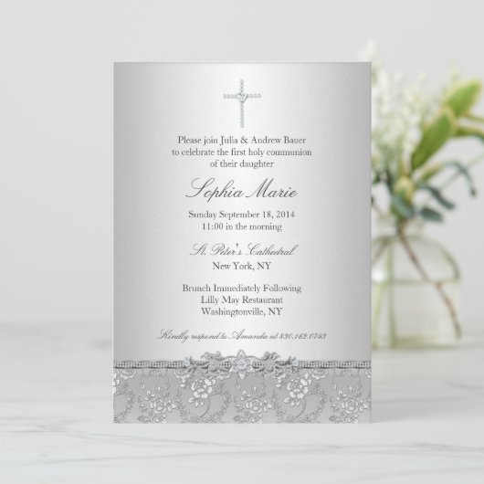 Silver Roos Cross Baptism/Christening Uitnodiging (Staand voorkant)