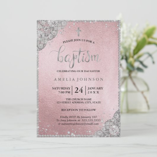 Silver Roos Gold Diamond Lace Cross doop Kaart (Staand voorkant)