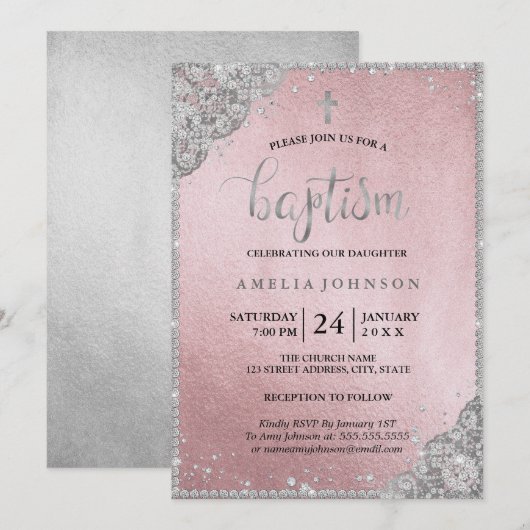 Silver Roos Gold Diamond Lace Cross doop Kaart (Voorkant / Achterkant)