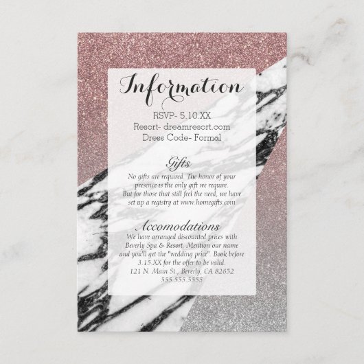 Silver Roos Gold Glitter en Marble Geometric Informatiekaartje (Voorkant)