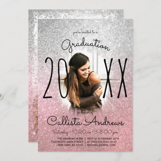 Silver Roos Gold Glitter Ombre Photo Afstuderen Kaart (Voorkant / Achterkant)