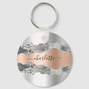 Silver roos gold metal agate marble name script sleutelhanger