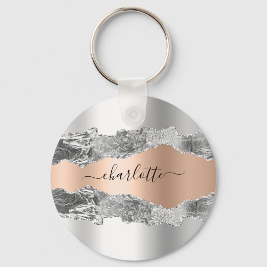 Silver roos gold metal agate marble name script sleutelhanger (Voorkant)