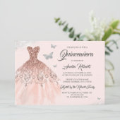 Silver Roos Gold Sparkle Dress Quinceanera Kaart (Staand voorkant)