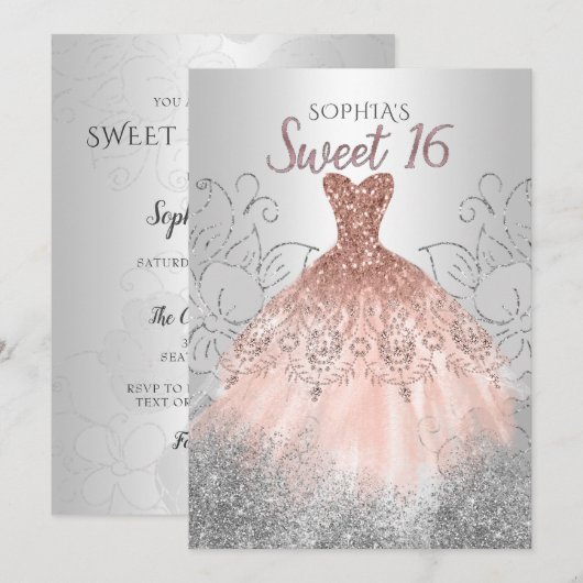 Silver Roos Gold Sparkle Dress Sweet 16 jaar Kaart (Voorkant / Achterkant)