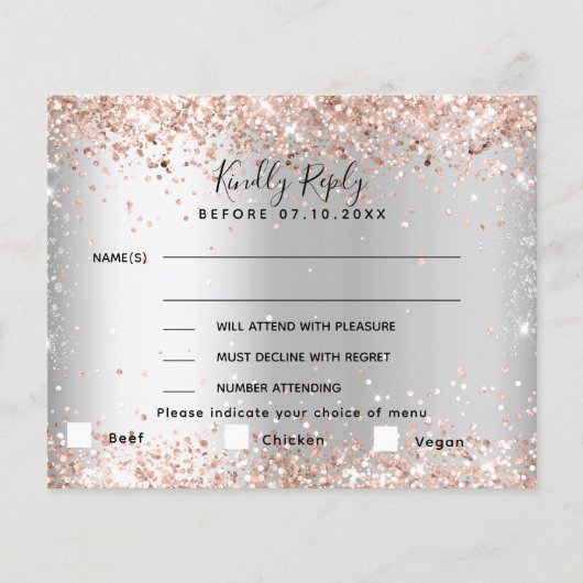 Silver roos gouden menu kiezen bruiloft RSVP-kaart (Voorkant)
