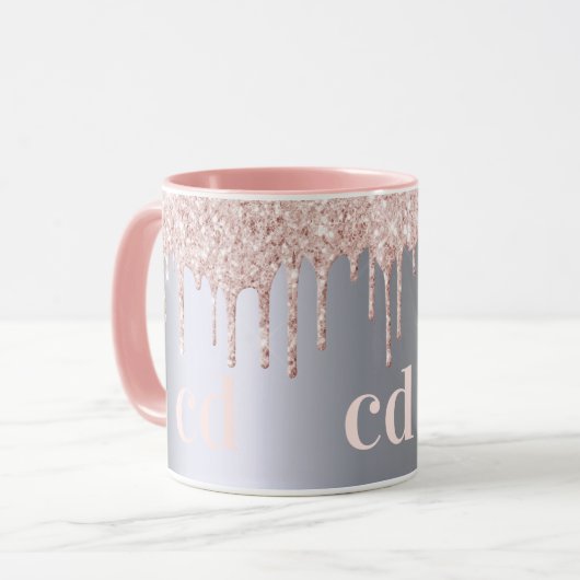 Silver roos gouden monogram glitter druppels mok (Voorkant links)