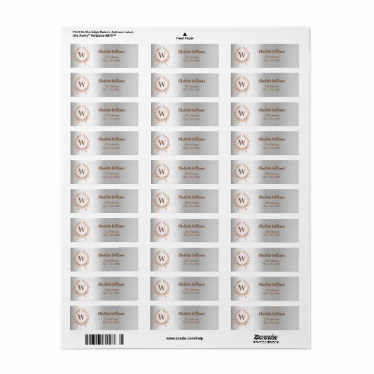Silver roos gouden monogram krans retour adres etiket (Full Sheet)