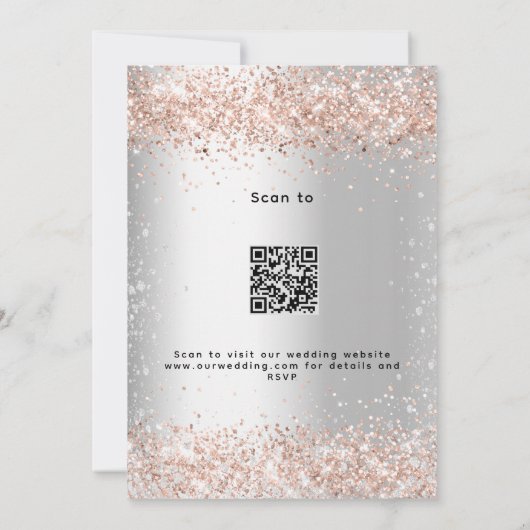 Silver roos gouden QR code RSVP details bruiloft Kaart (Achterkant)