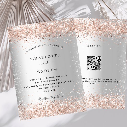 Silver roos gouden QR code RSVP details bruiloft Kaart